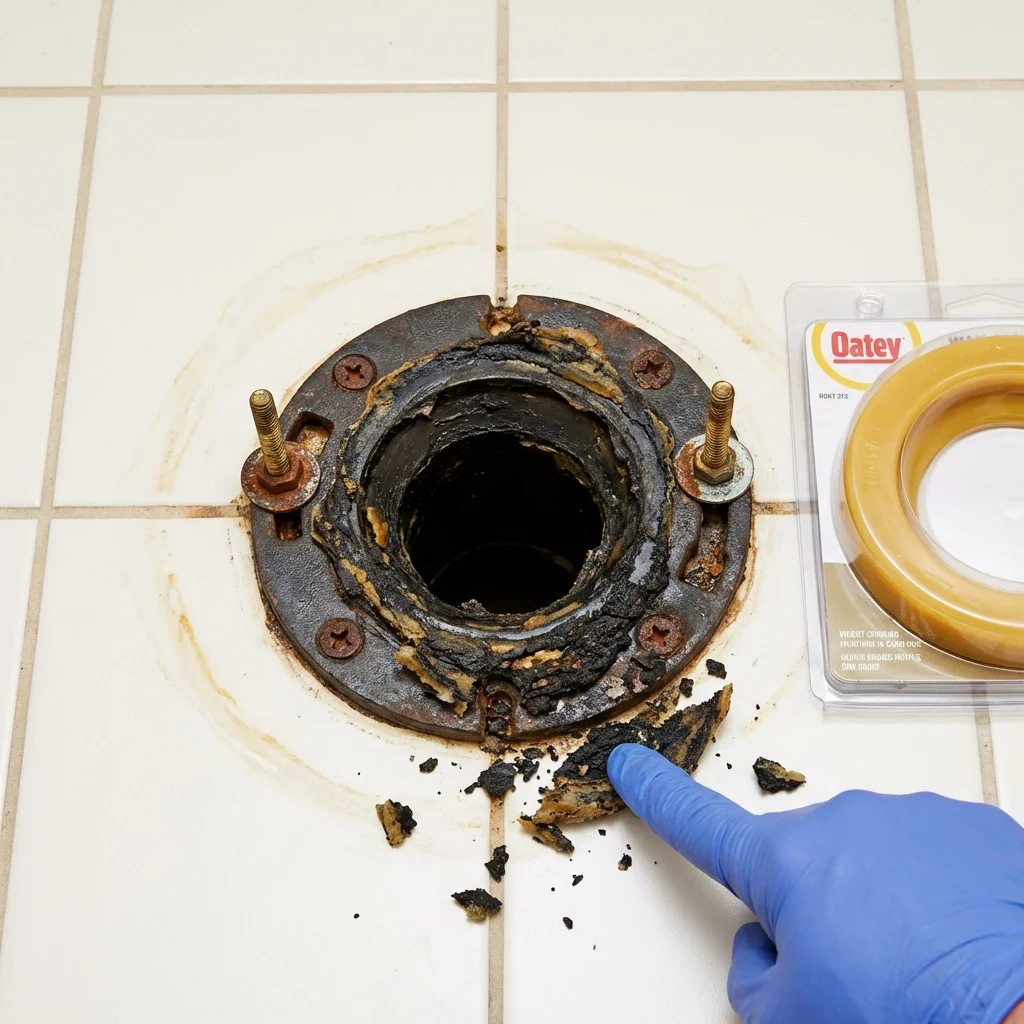 Failed wax ring showing water seepage at the base of a toilet in a Belmont, NY home
